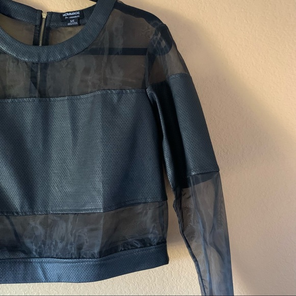 Homage for Los Angeles - Sheer Faux Leather Perforated Panel Long Sleeve Top - S - Picture 2 of 9